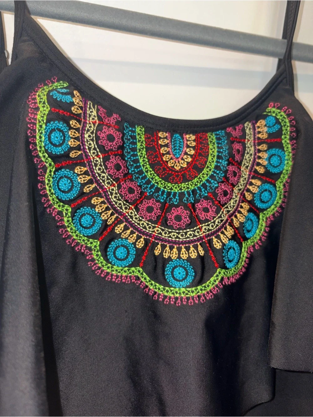 Black One-Piece Swimsuit with Colorful Embroidered Yoke